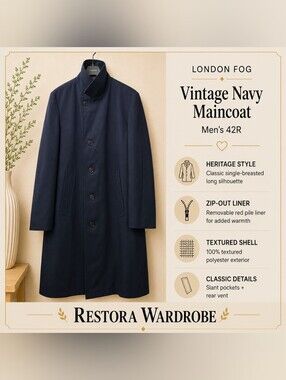 Vintage London Fog Black Maincoat 42R Red Zip-Out Liner Textured Shell